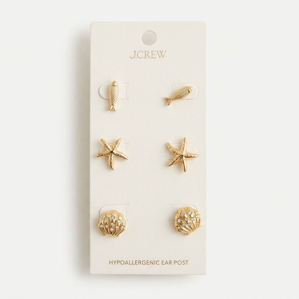 J.Crew Sea Life Stud Earrings Set Fish Starfish Shell CZ Gold Tone NWT
